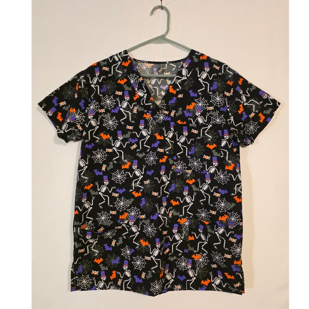 ScrubStar Halloween Scrub Top Womens Small Skeleton Bat Spiderweb Black V-Neck S